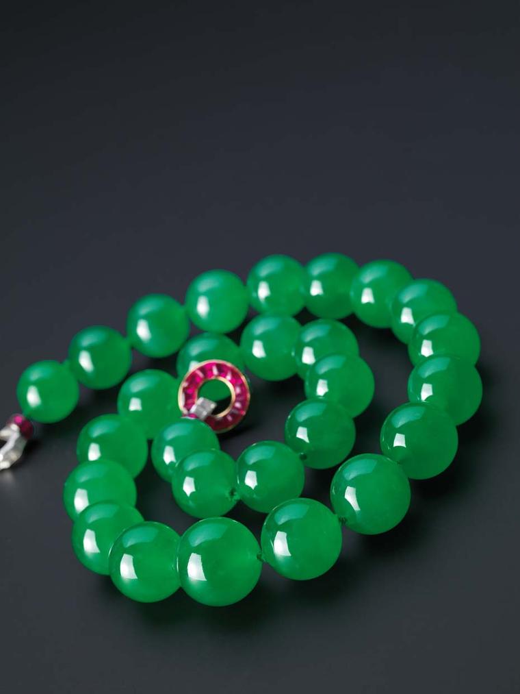 Billed as the greatest jadeite bead necklace in the world, Cartier bought the necklace at Sotheby's Hong Kong's Magnificent Jewels and Jadeite Spring Sale in April 2014 following a 20-minute showdown with six other bidders
