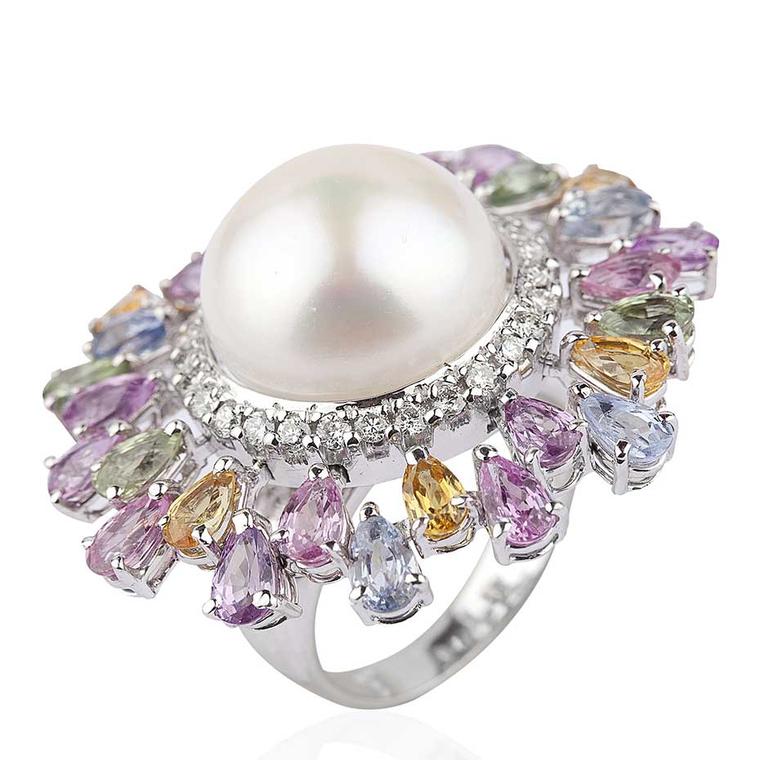 Mirari white gold ring with multi-coloured sapphires and white diamonds surrounding a freshwater pearl