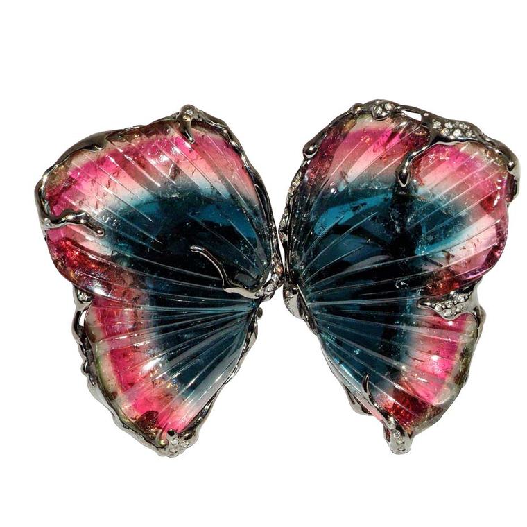 Lucifer Vir Honestus will be showing this impressive Double Butterfly ring in black gold with tourmaline slices and diamonds ($17,210) at the Couture Show Las Vegas
