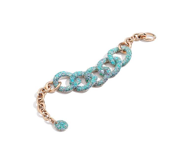 Pomellato rose gold gourmette Pom Pom bracelet featuring Paraiba tourmalines.