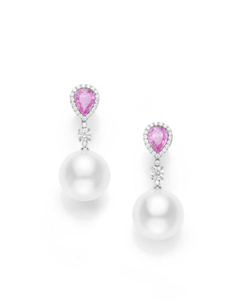 Mikimoto Color Prestige collection earrings featuring a pair of pink sapphires and pearls connected by a trail of brilliant-cut diamonds