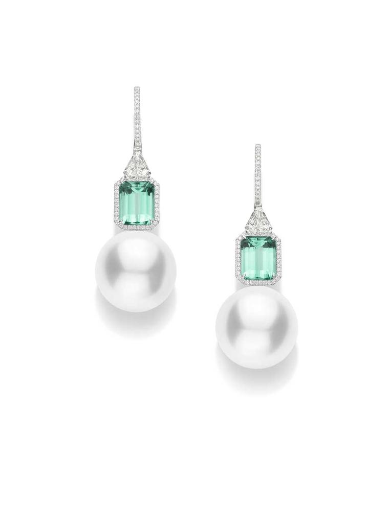 Mikimoto Color Prestige collection earrings featuring pavé diamonds that lead to a mint tourmaline seated above a White South Sea pearls.