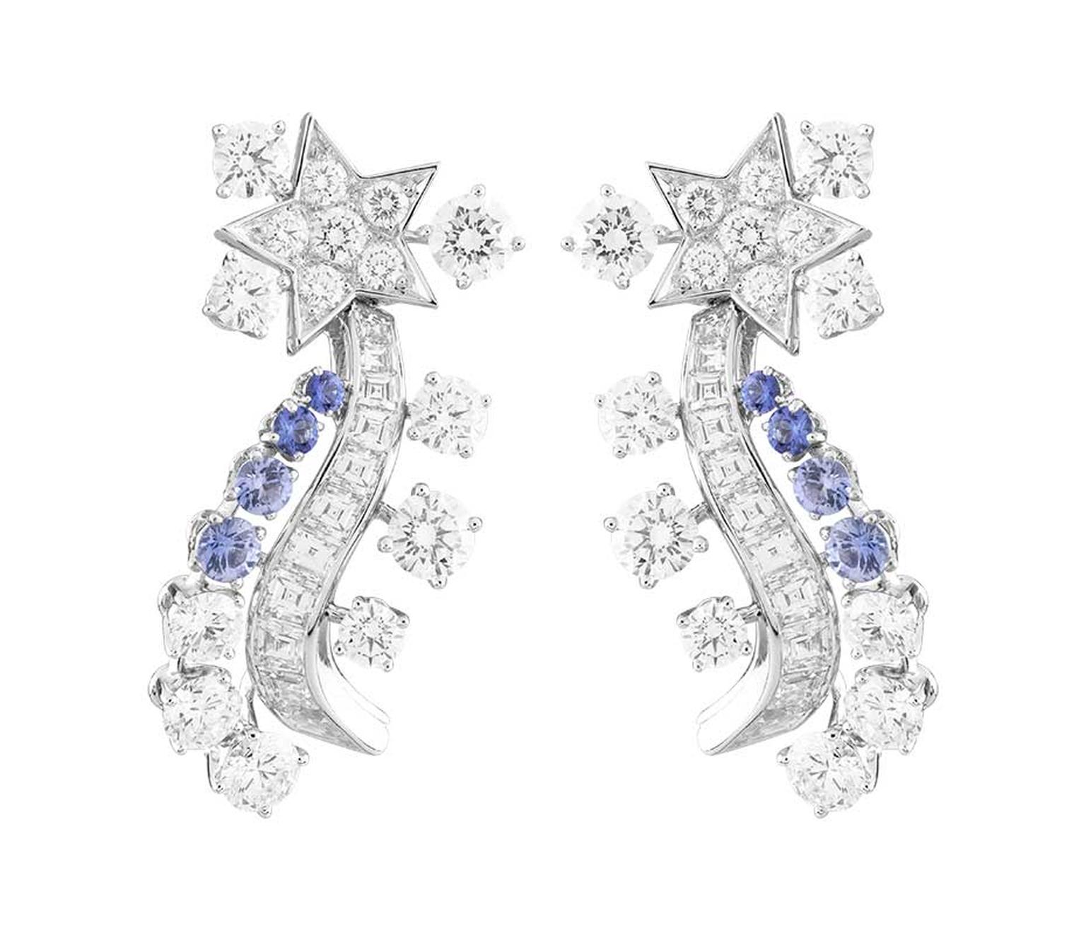 Worn by Kirsten Dunst to the 2014 Met Ball, the Van Cleef & Arpels Serenitatis earrings from the 'Voyages Extraordinaires' collection featuring diamonds and sapphires.