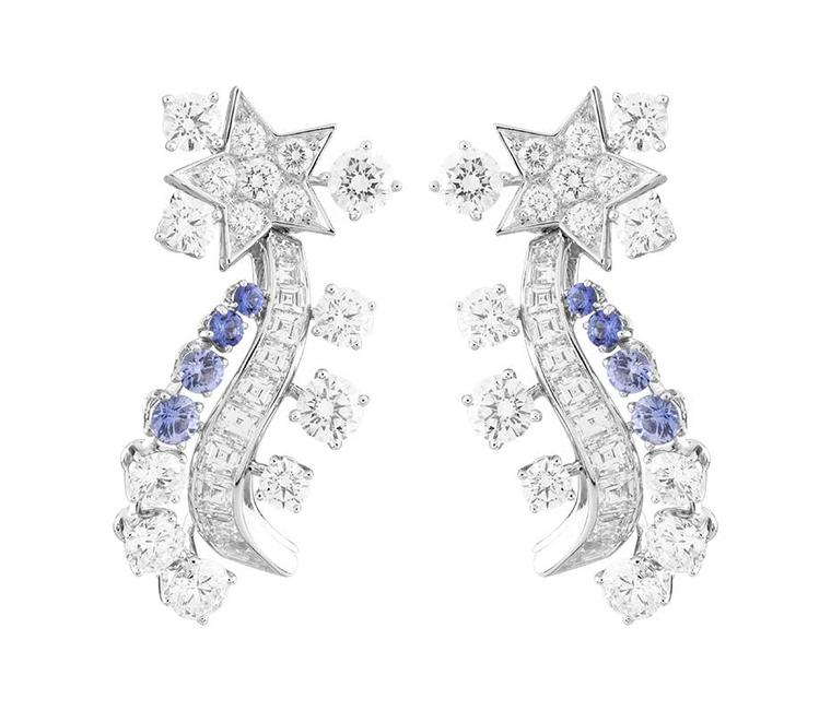 Worn by Kirsten Dunst to the 2014 Met Ball, the Van Cleef & Arpels Serenitatis earrings from the 'Voyages Extraordinaires' collection featuring diamonds and sapphires.