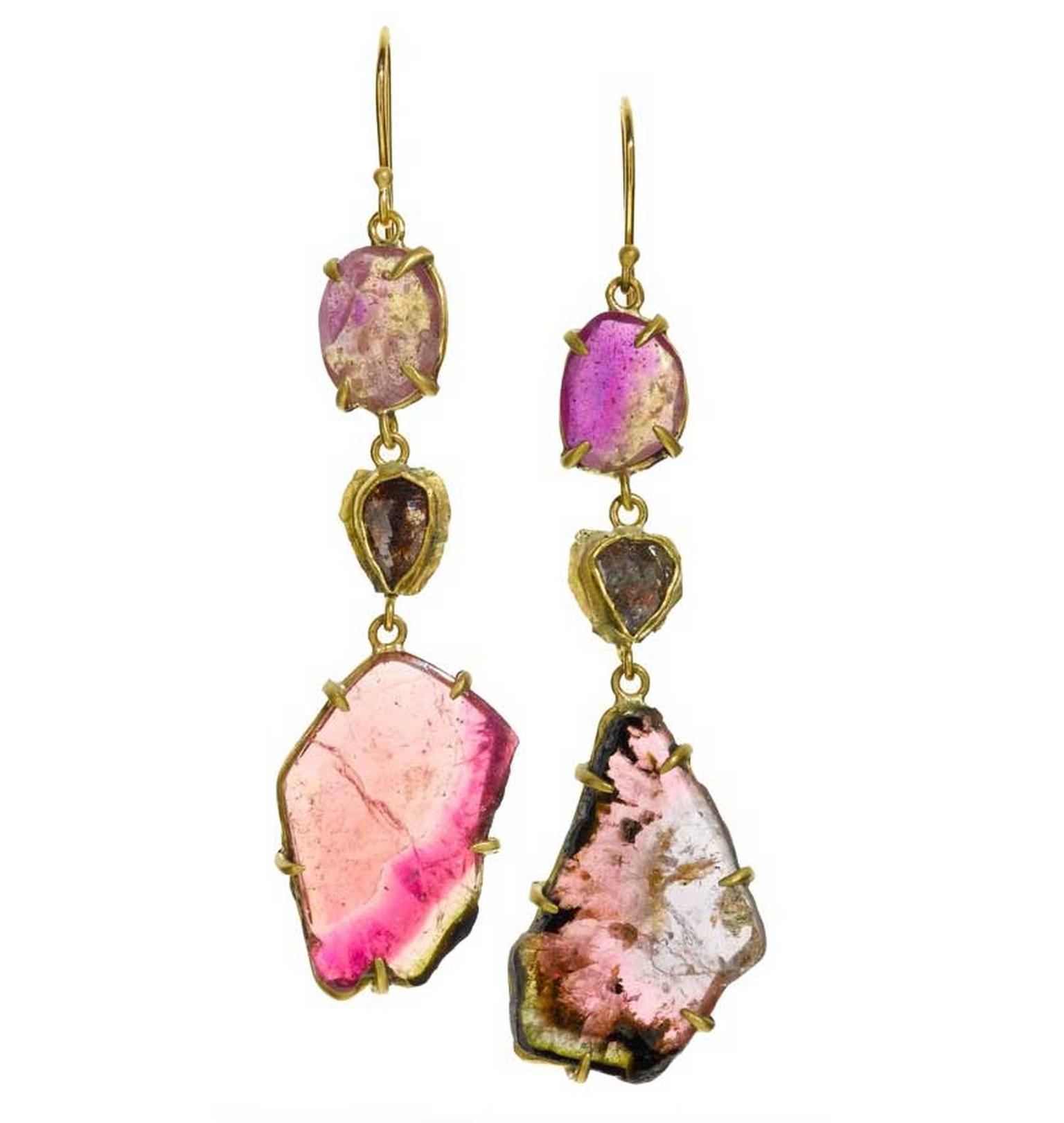 Margery Hirschey is also making her first appearance at the Couture Show Las Vegas with  jewels including these earrings in recycled gold, set with sapphires, diamonds and tourmaline slices