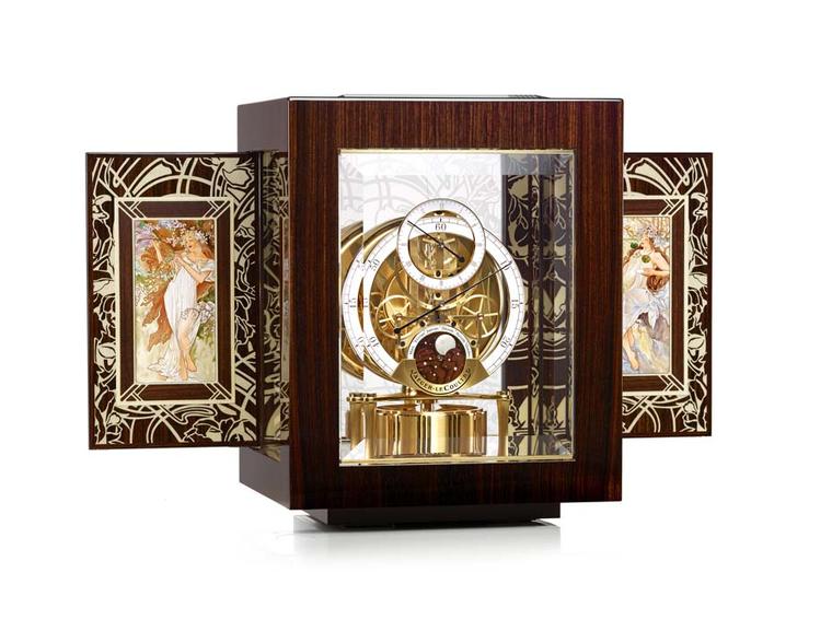 Jaeger-LeCoultre Hybris Artistica Collection Atmos clock is presented in an Art Nouveau case ornamented with enamel and wood marquetry