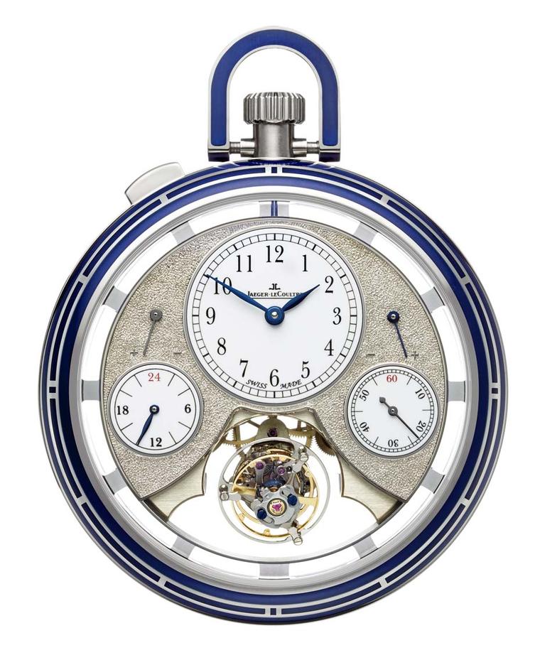 The blue paillonné enamel on the Jaeger-LeCoultre Hybris Artistica Collection Duomètre Sphérotourbillon  pocket  watch is achieved by grating tiny chips - paillons - from a block of silver on to the enamel before firing