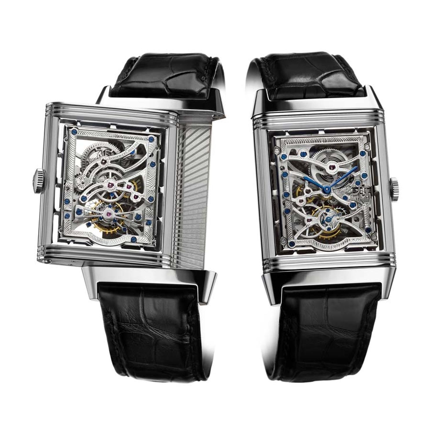 Jaeger-LeCoultre's Hybris Artistica Collection Grande Reverso Tourbillon Squelette watch. The pivoting part of the case is now sealed with two sapphire crystals, revealing the intricate openworked movement