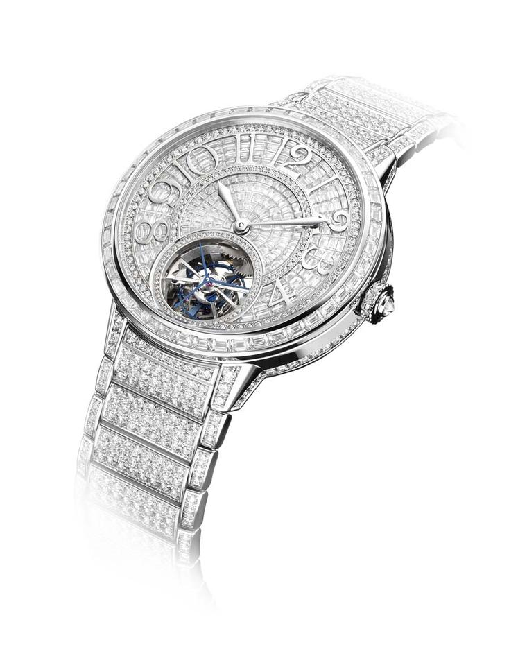 Jaeger-LeCoultre Hybris Artistica Collection Rendez-Vous Tourbillon haute-joaillerie watch has been wrapped in a coat of baguette and brilliant diamonds using the Rock-Setting technique, which hides the underlying metal supports