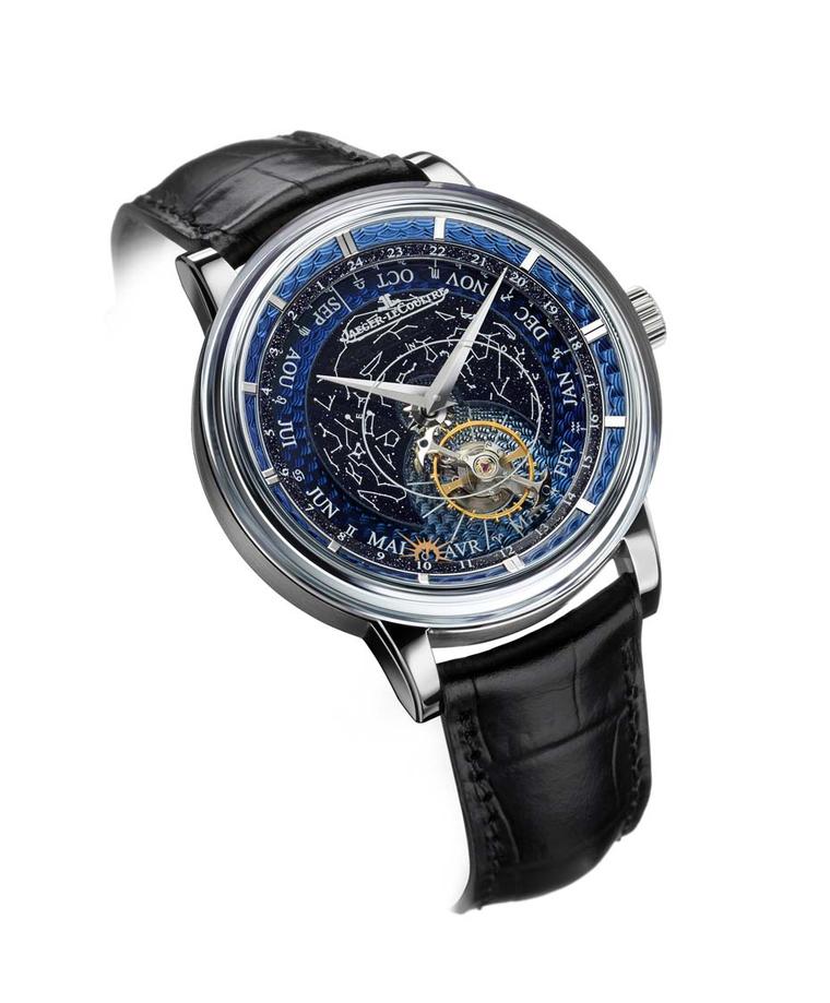 By combining guilloché and translucent enamel to create textures and depth on the Jaeger-LeCoultre Hybris Artistica Collection Master Grande Tradition Tourbillon Céleste watch, time literally floats in a beautiful blue firmament