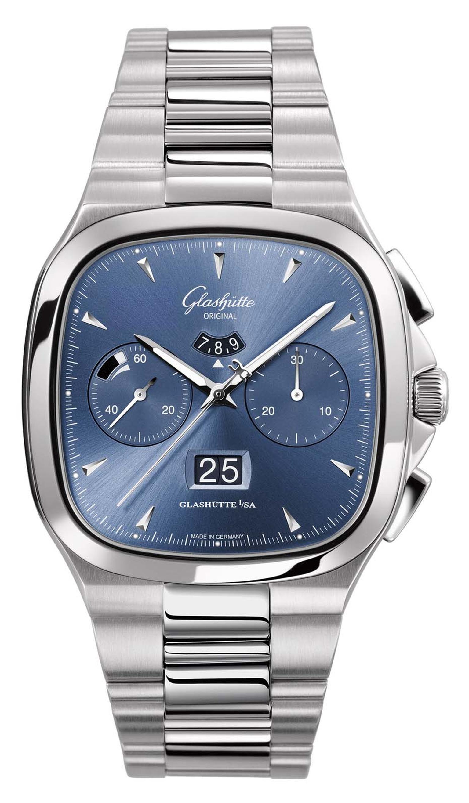 Available in galvanised ruthenium, silver and blue, the slinky sunburst finished surfaces and laidback dial on the Glashütte Original Seventies Chronograph Panorama Date watch are very cool
