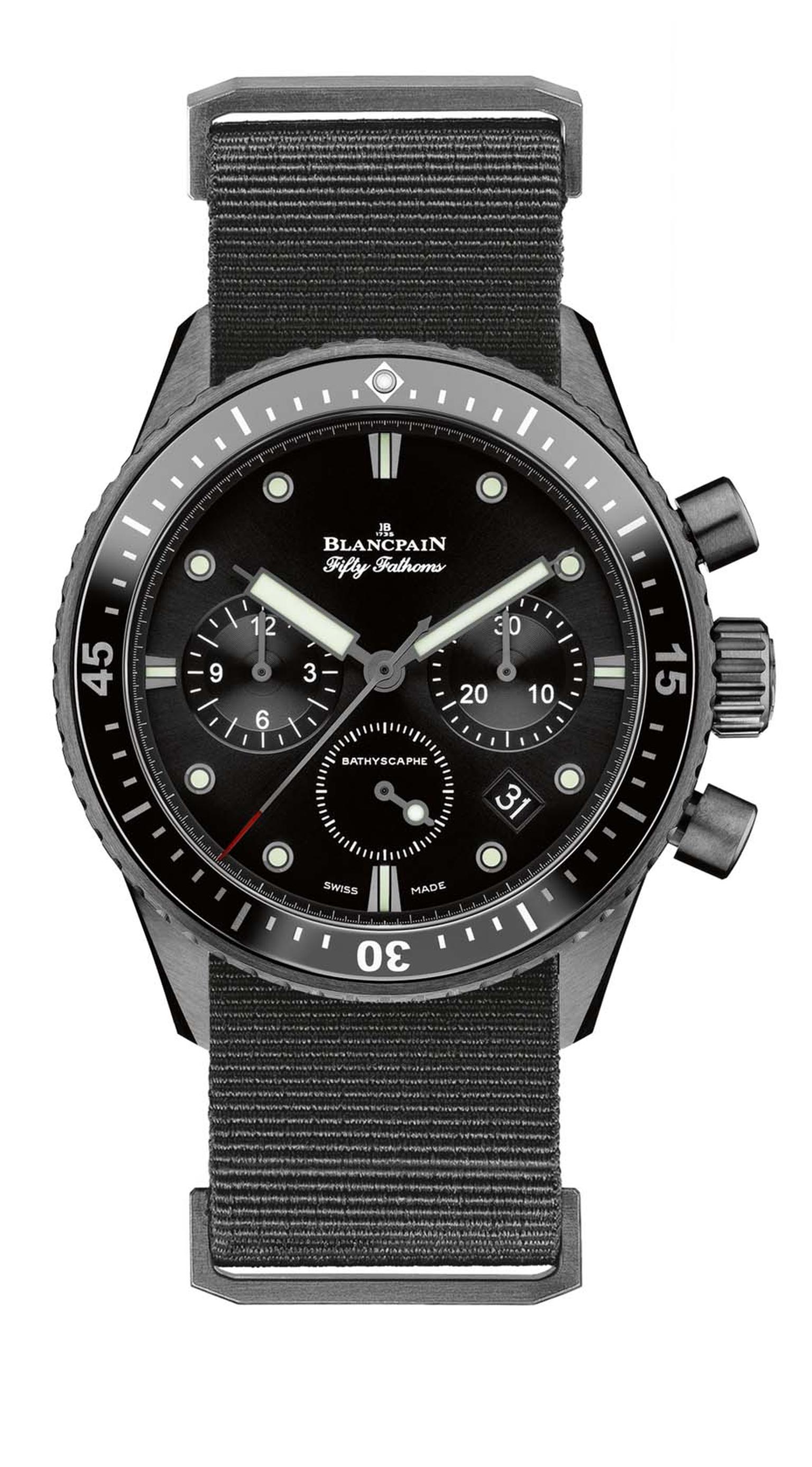 Originally designed for the French Navy, the Blancpain Fifty Fathoms Bathyscaphe Flyback Chronograph watch comes with a heavy-duty nylon NATO strap