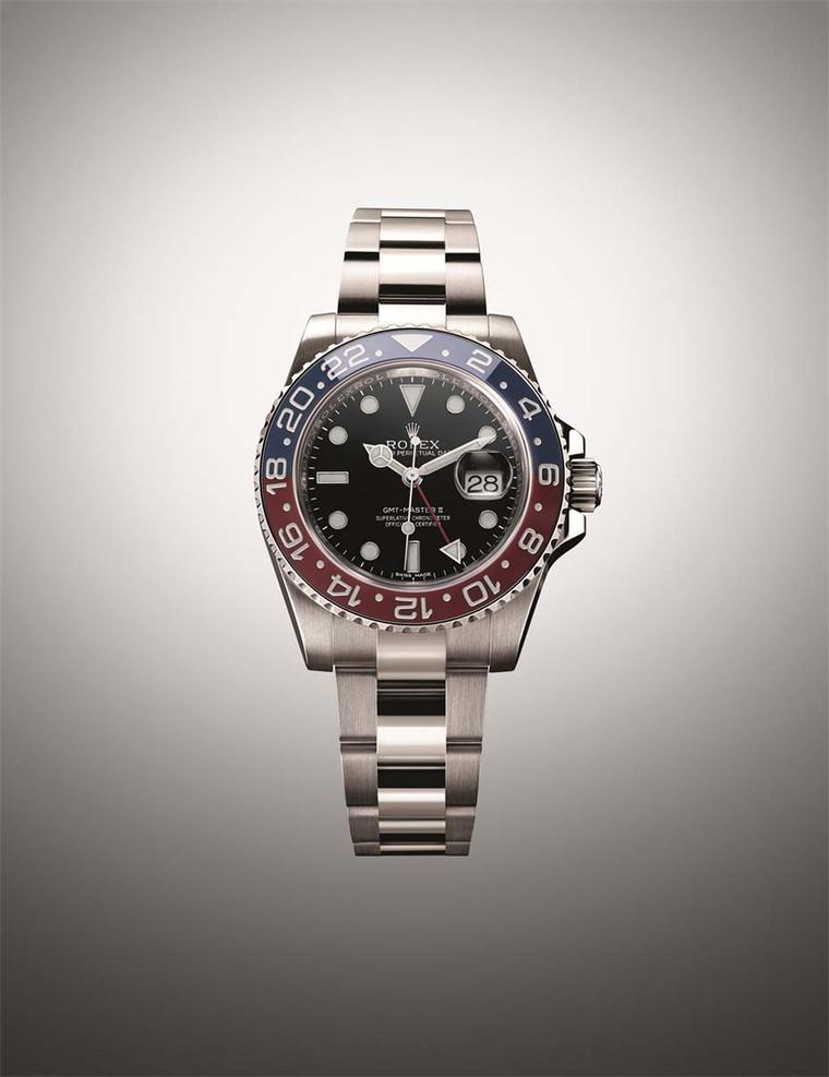 The Rolex GMT Master watch features a world first with its two-coloured red and blue 'Pepsi' Cerachrom ceramic bezel.