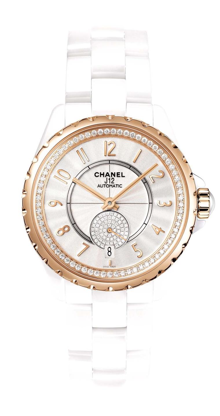 The Chanel J12-365 watch in high-tech ceramic features soft beige-gold, an alloy created exclusively by Chanel, and a guilloche´-finished opaline dial