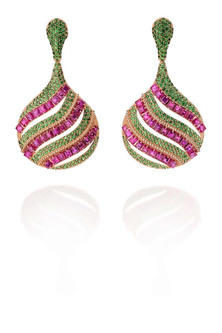 Carla Amorim Russia collection St Basil earrings with rubies and tsavorites, inspired by the colourful domes of the cathedral