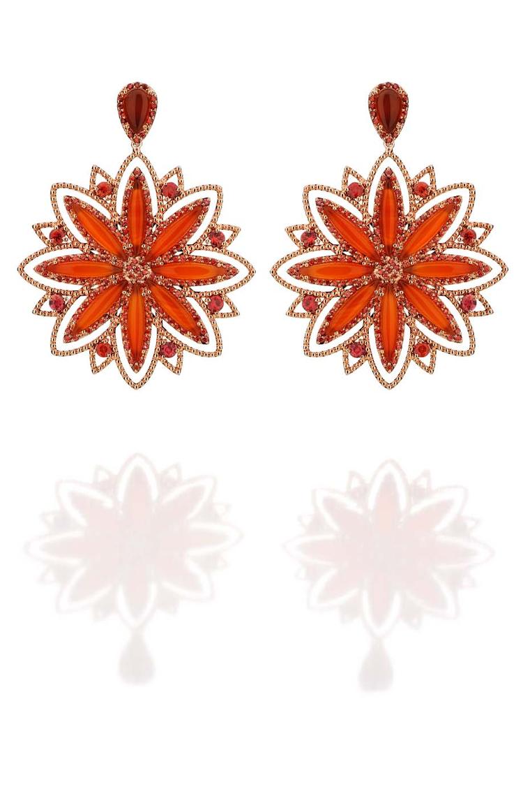 Carla Amorim Russia Collection Sunflower earrings with cornelian and orange sapphires. A flower closely associated with the country, together with Ukraine Russia produces 95% of the world's sunflowers
