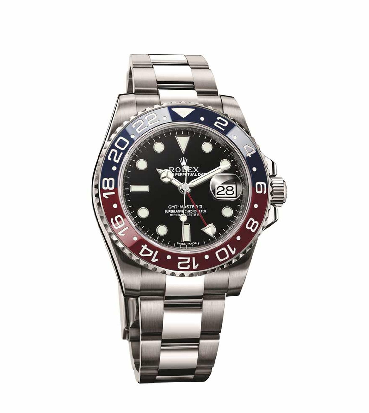 The Rolex GMT Master watch features a world first with its two-coloured red and blue 'Pepsi' Cerachrom ceramic bezel
