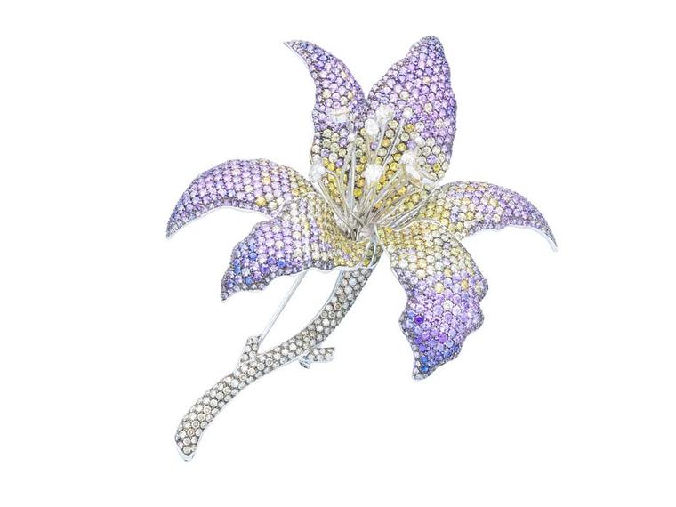 Damian by Mischelle Orchid brooch with yellow and purple sapphires