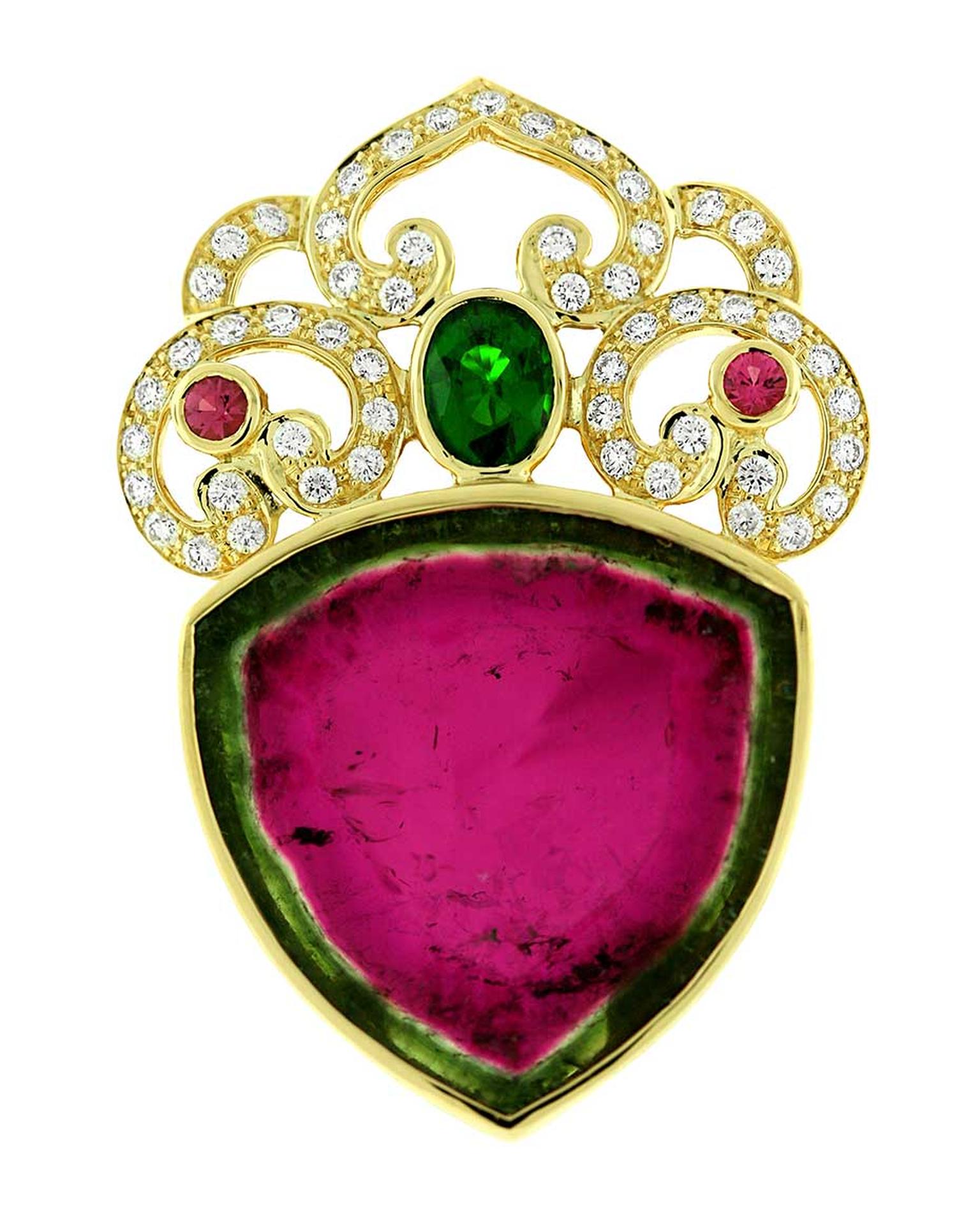 Paula Crevoshay Nature's Heart pendant in gold, with a 51.05ct watermelon tourmaline, tsavorite, pink tourmalines and diamonds