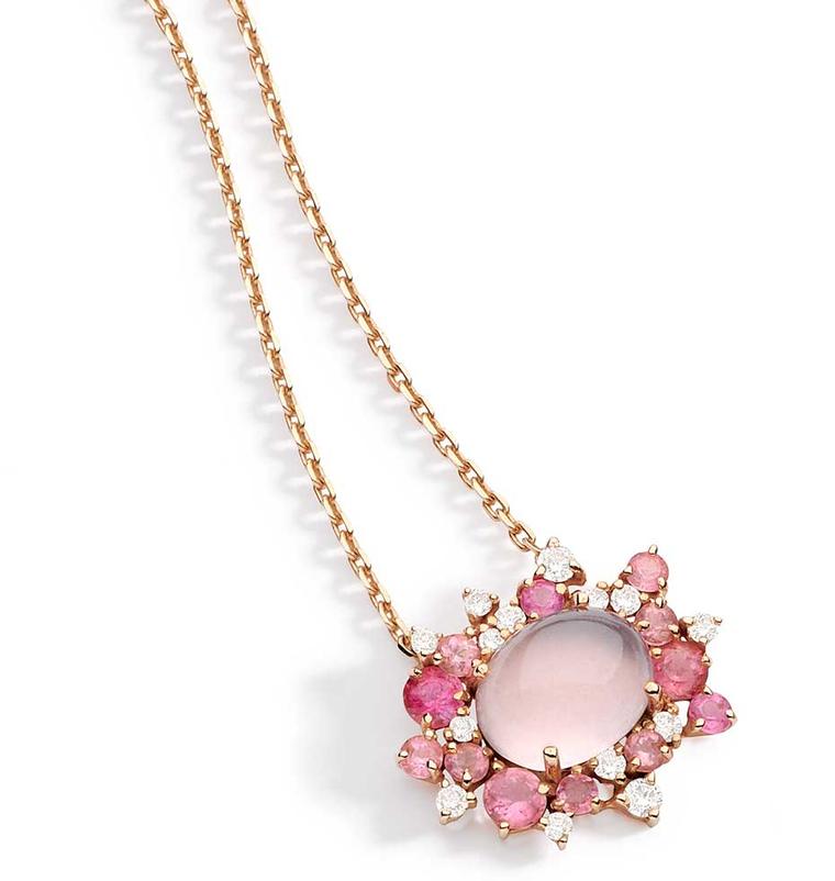 Brumani Baobab Rose collection necklace in rose gold with round diamonds, pink quartz and pink tourmaline