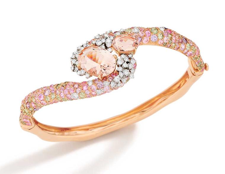 Brumani Panache collection white and rose gold bracelet with white and brown diamonds, morganite and multi-coloured sapphires