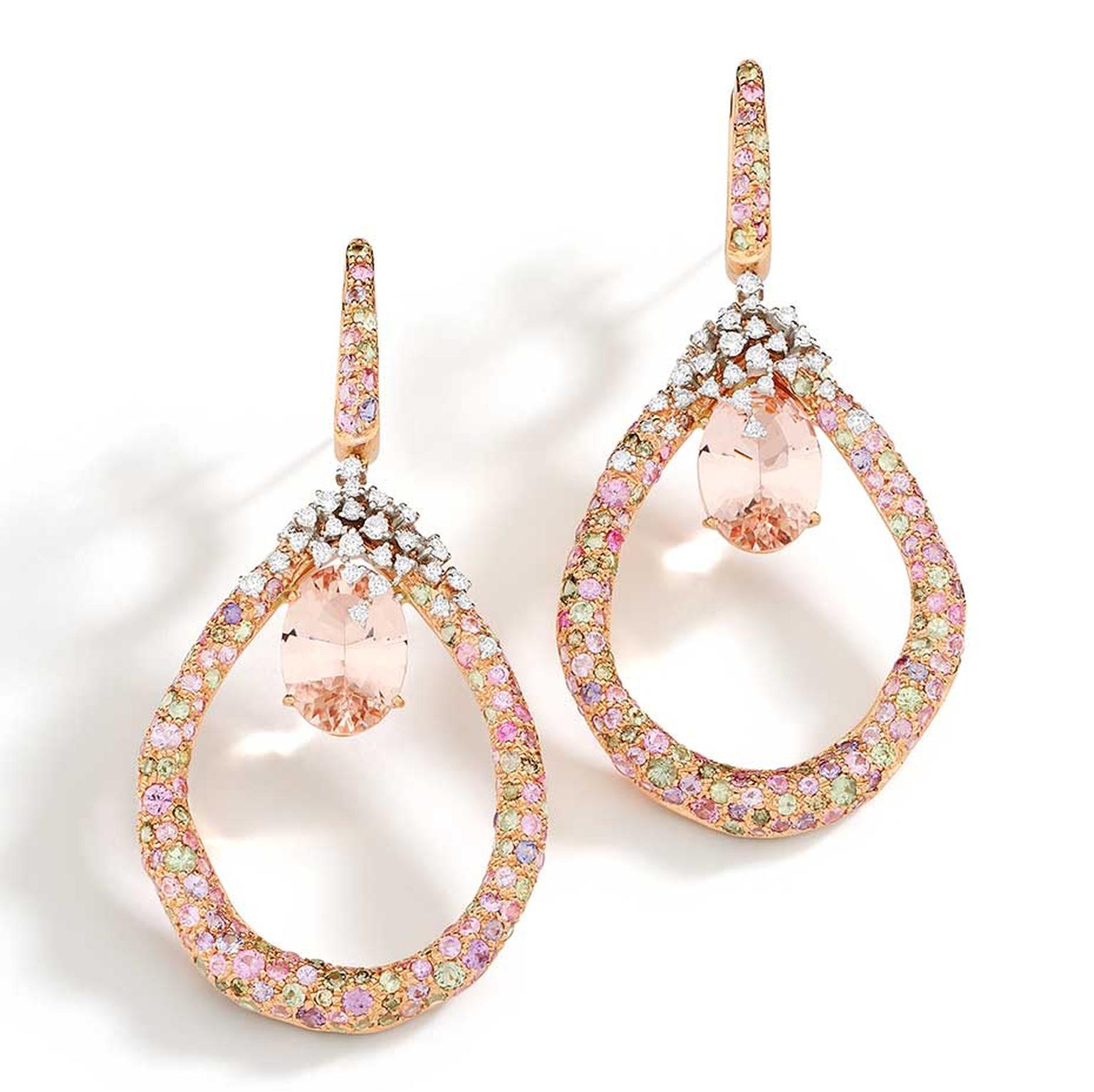 Brumani Panache collection white and rose gold earrings with white and brown diamonds, morganite and multi-coloured sapphires