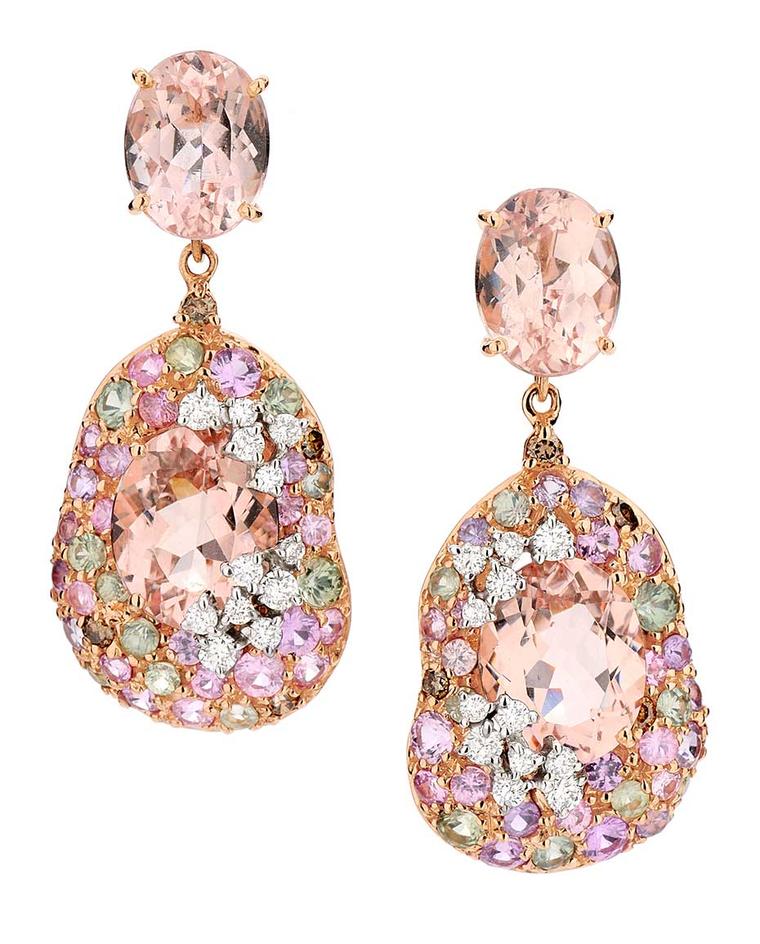 Brumani Panache collection white and rose gold earrings with white and brown diamonds, smoky quartz and multi-coulored sapphires.