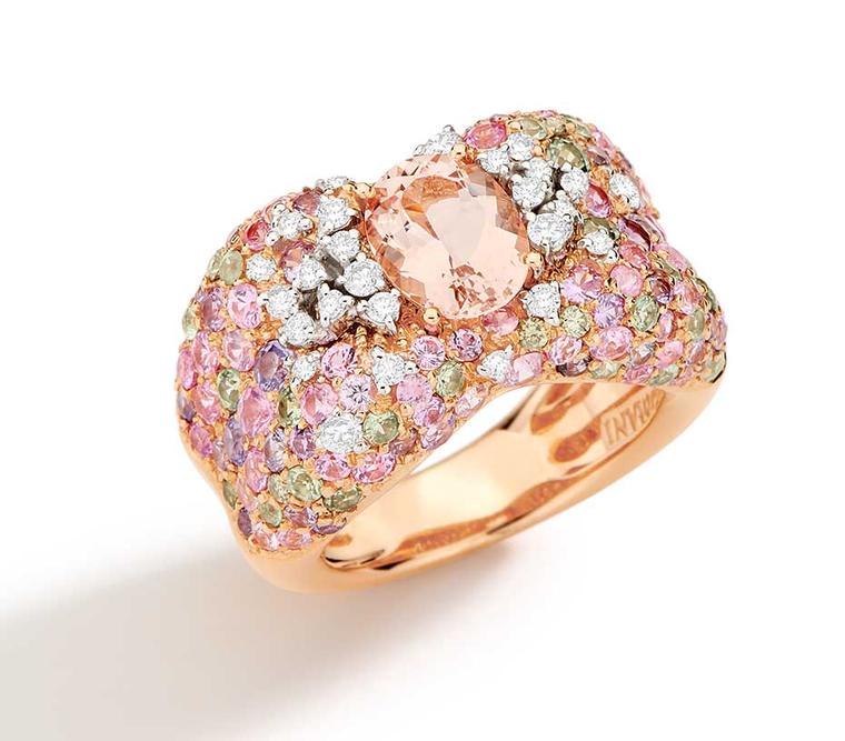 Brumani Panache collection white and rose gold ring with white and brown diamonds, morganite and multi-coulored sapphires