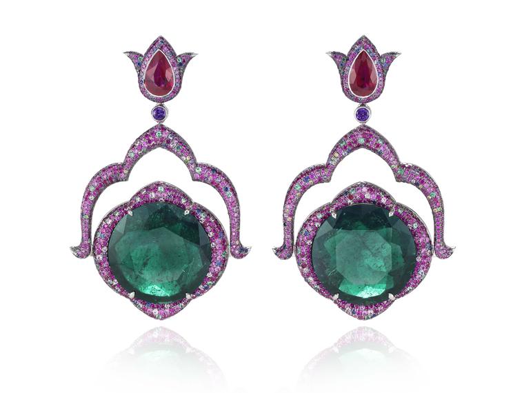 Chopard Red Carpet Collection 2014 earrings in white gold set with round-shaped emeralds of  22.11ct and 21.66ct respectively, pear-shaped rubies, multi-coloured sapphires, rubies, emeralds, amethysts and tsavorites