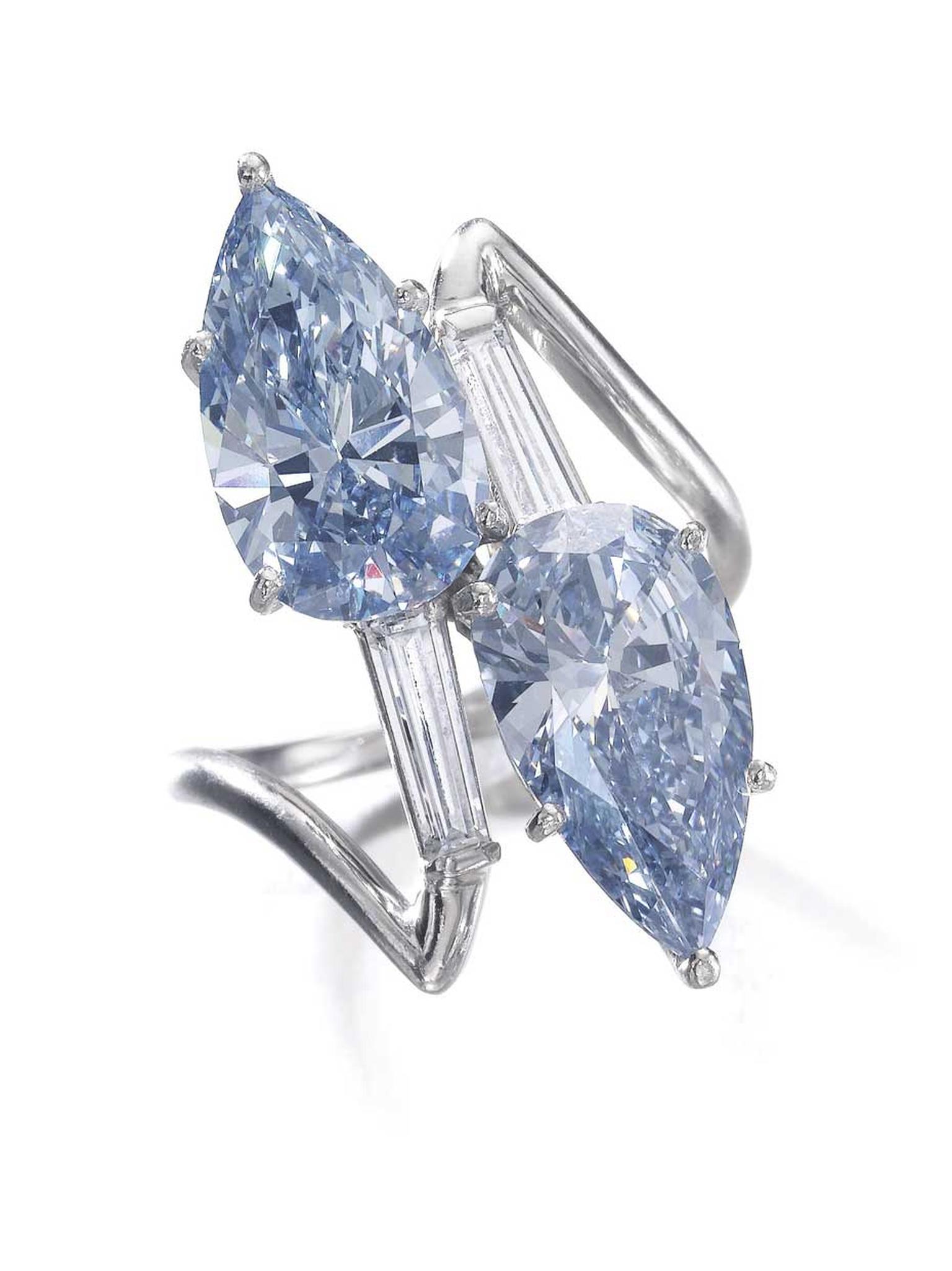 Fancy Vivid blue and Fancy Intense blue diamond ring with baguette diamonds. Sold for CHF 5,765,000 (estimate: 3,570,000-6,200,000)