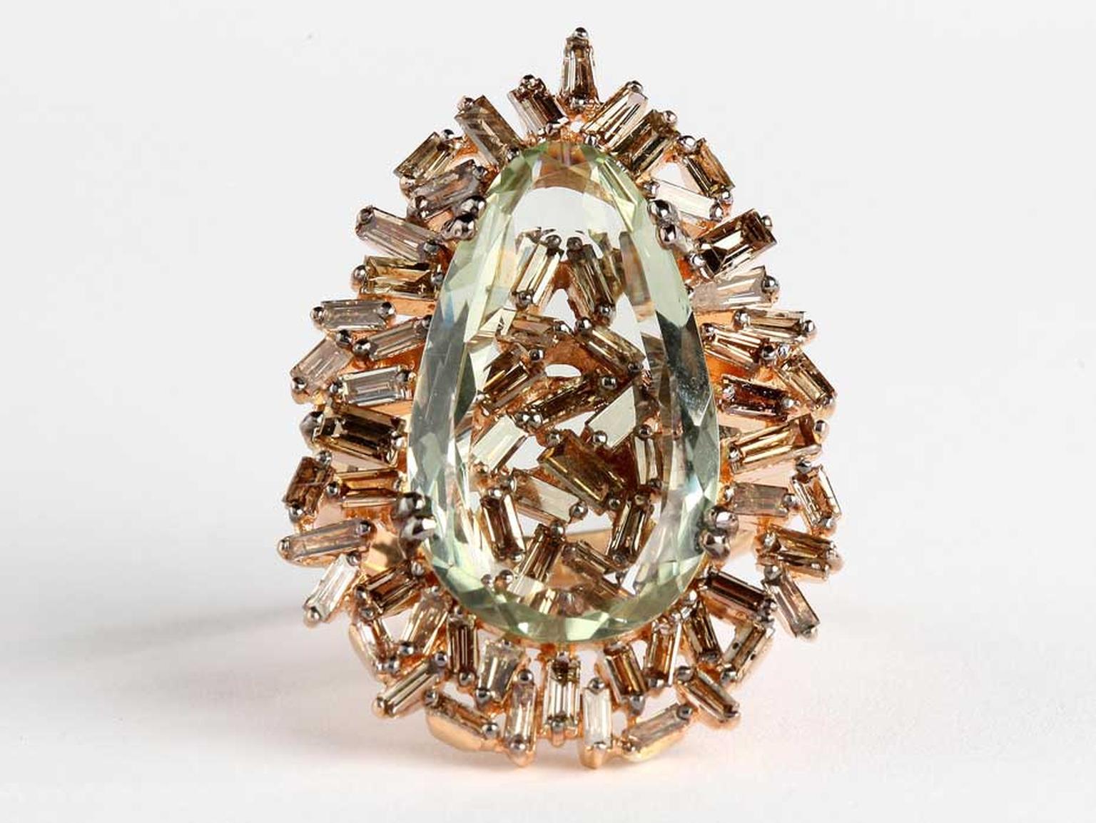 Suzanne Kalan white gold Vitrine ring with baguette champagne diamonds and a pear green Amy ($8,000).