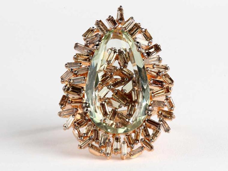 Suzanne Kalan white gold Vitrine ring with baguette champagne diamonds and a pear green Amy ($8,000).