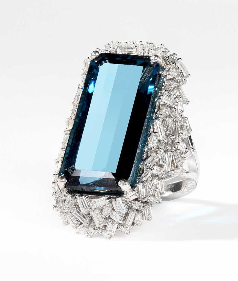 Suzanne Kalan one-of-kind white gold Vitrine ring with baguette diamonds and a 24.90ct London blue topaz ($18,000)