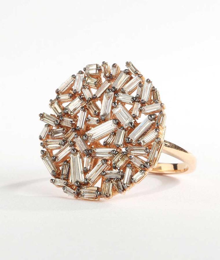 Suzanne Kalan rose gold Vitrine ring with champagne baguette diamonds ($5,000)