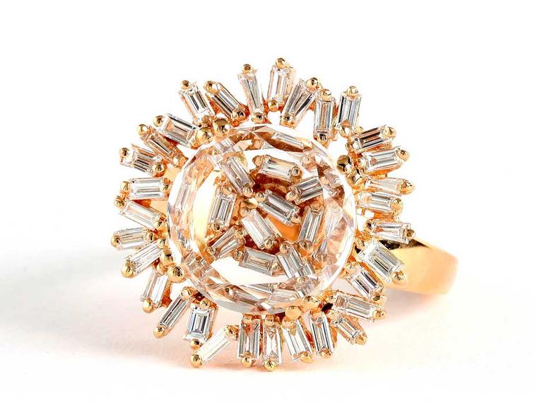 Suzanne Kalan rose gold Vitrine ring with champagne baguette diamonds ($5,000)