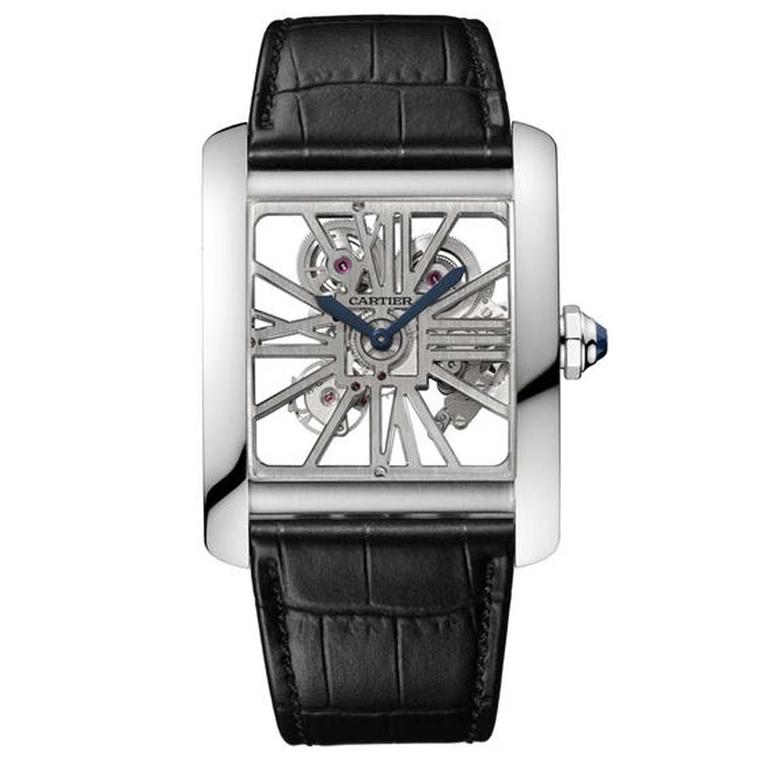 The Cartier Tank MC Skeleton palladium watch combines the iconic Cartier square case design with the modernity of a skeleton movement