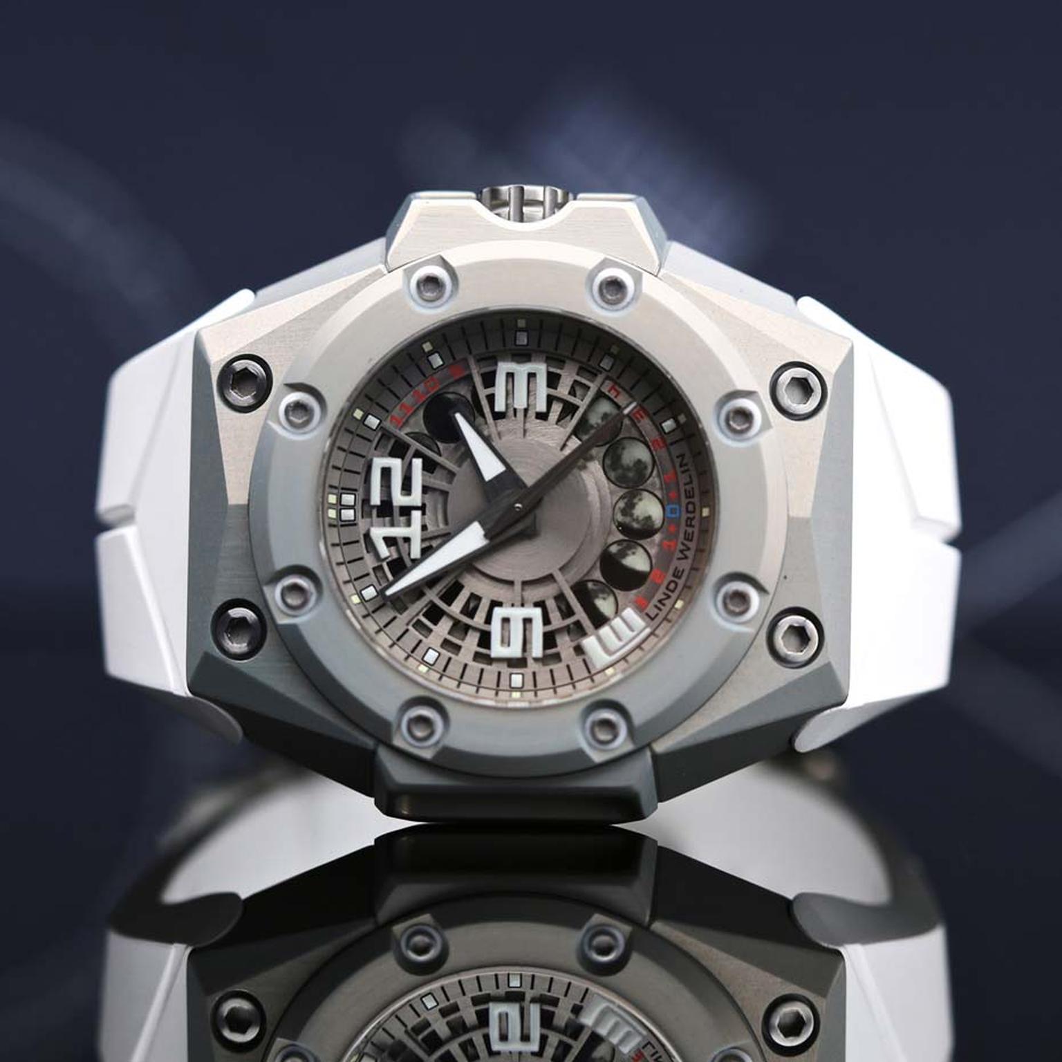 The lightest Linde Werdelin timepiece ever made, the Oktopus MoonLite watch features colourless ALW, an alloy developed by Linde Werdelin that is twice as hard as steel and half the weight of titanium