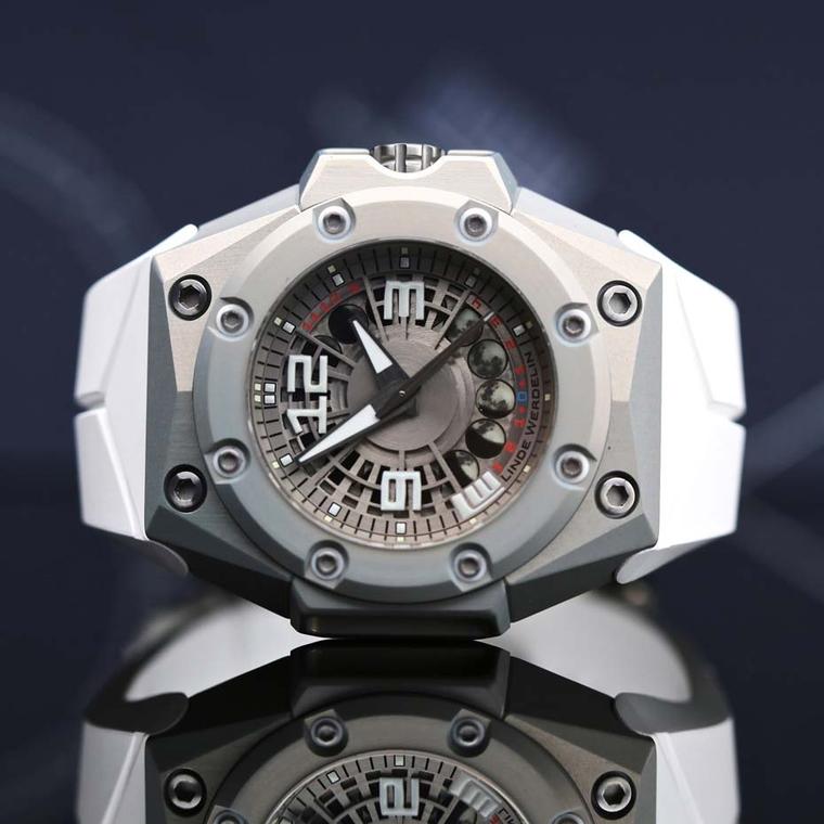 The lightest Linde Werdelin timepiece ever made, the Oktopus MoonLite watch features colourless ALW, an alloy developed by Linde Werdelin that is twice as hard as steel and half the weight of titanium