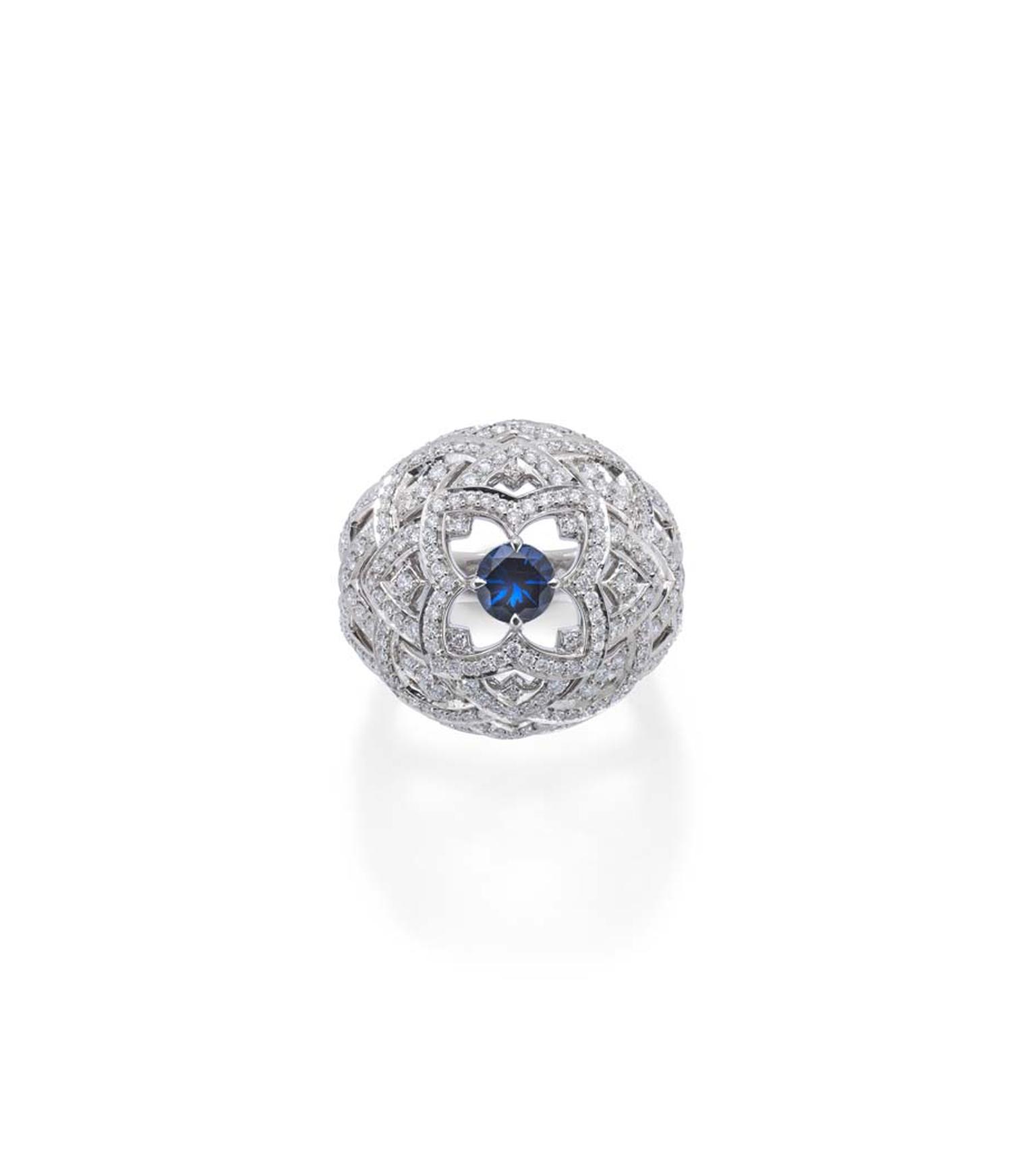 Mappin & Webb Floresco collection Bombe ring with 250 diamonds surrounding a centre sapphire.