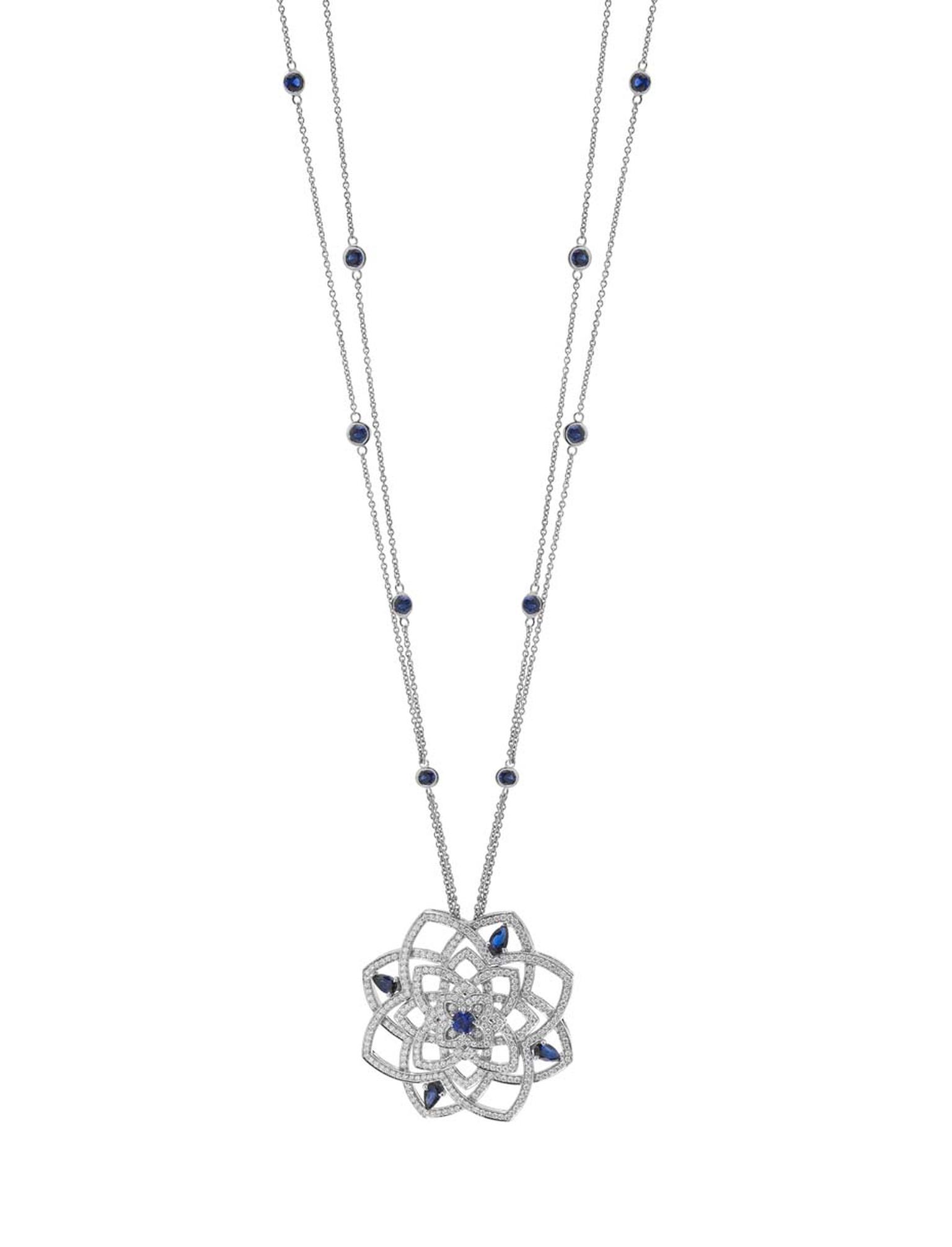 Mappin & Webb Floresco collection high jewellery pendant in white gold with diamonds and sapphires