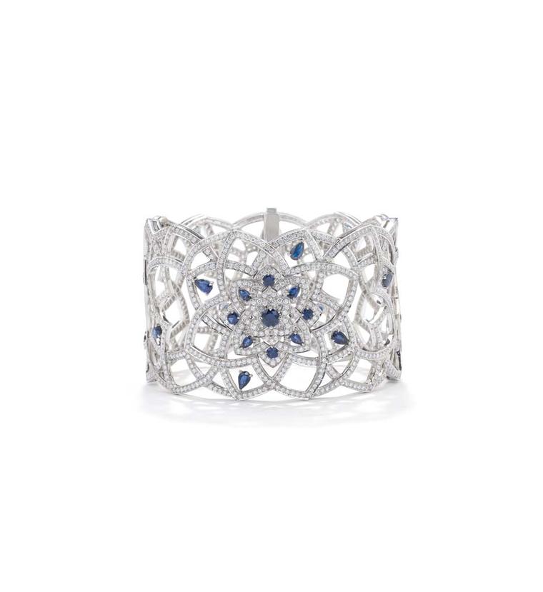 Mappin & Webb Floresco jewellery collection cuff in white gold, set with 10.10 carats of brilliant-cut diamonds and 28 pear-cut sapphires