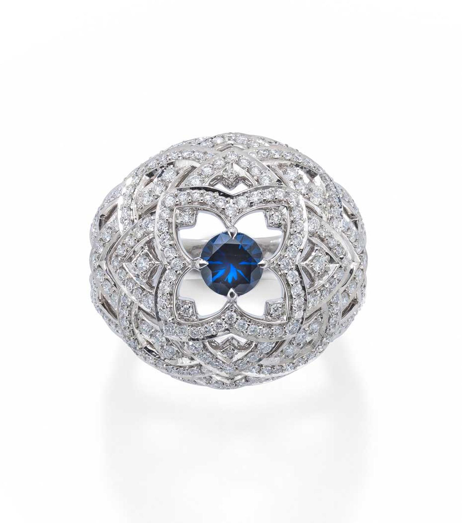 Mappin & Webb Floresco collection high jewellery ring in white gold, set with 250 diamonds and a vibrant brilliant-cut blue sapphire