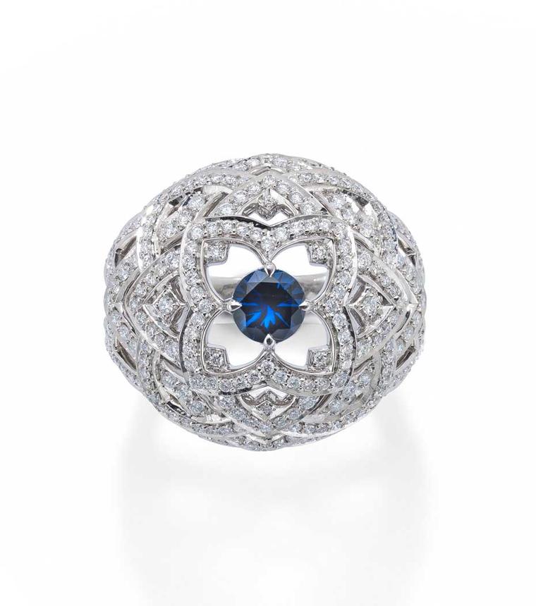 Mappin & Webb Floresco collection high jewellery ring in white gold, set with 250 diamonds and a vibrant brilliant-cut blue sapphire