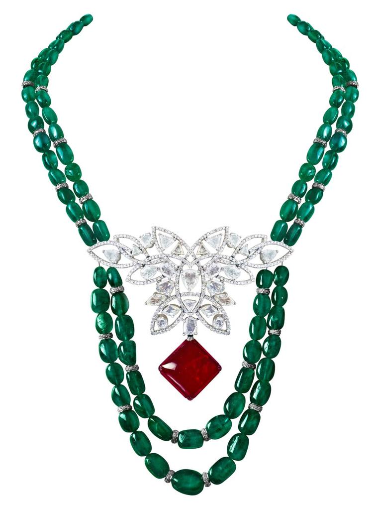 MINAWALA Festival of Emeralds collection necklace in white gold with diamonds, emeralds and a ruby