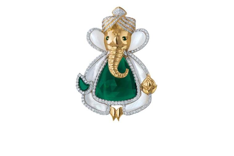 MINAWALA Festival of Emeralds collection pendant in white and yellow gold with diamonds, mother of pearl, emerald and green quartz