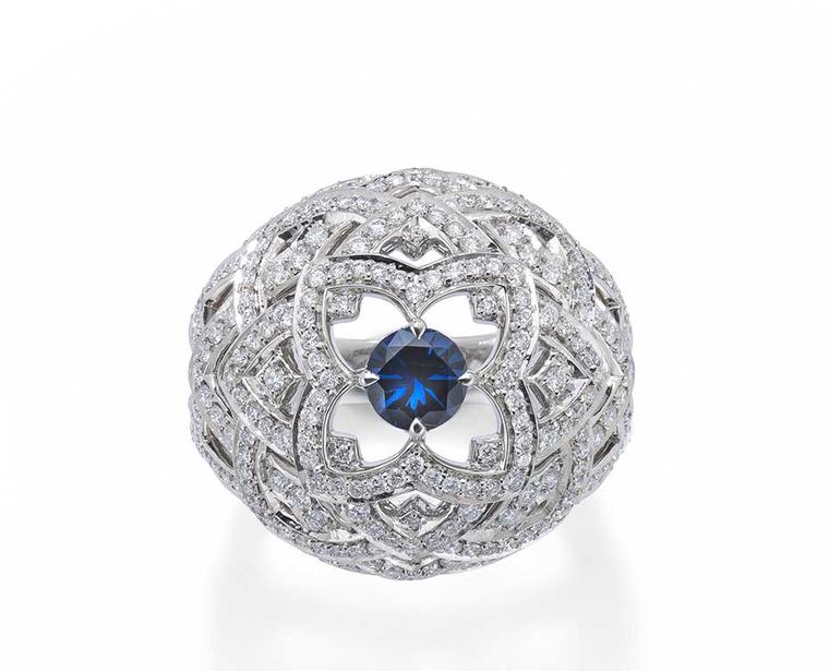 Mappin & Webb Floresco collection high jewellery ring in white gold, set with 250 diamonds and a vibrant brilliant-cut blue sapphire
