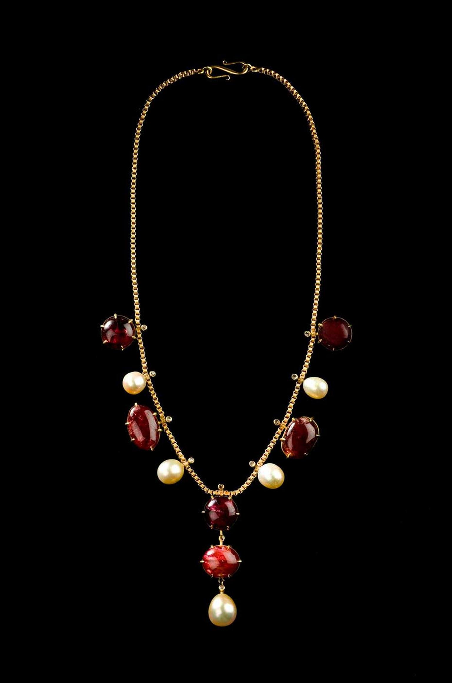 Ming dynasty cabochon ruby and natural pearl necklace at the Susan Ollemans Gallery.
