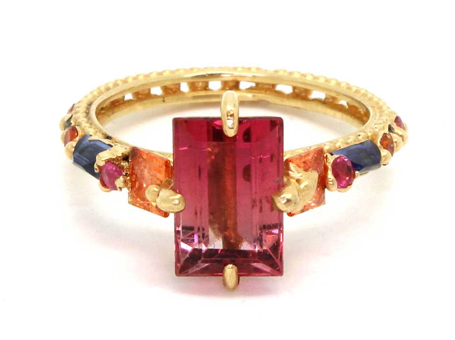 Polly Wales faded pink tourmaline ring with orange, pink and blue sapphires