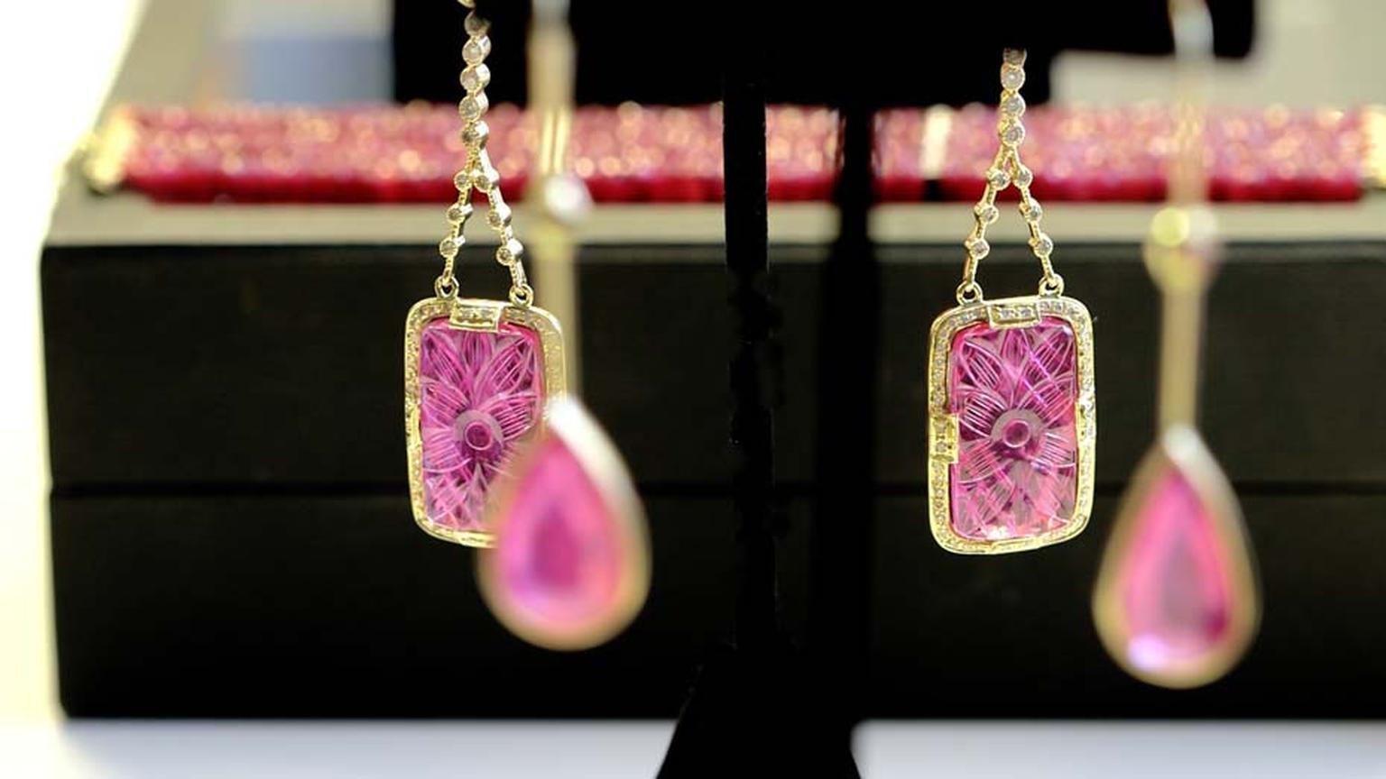 Jade Jagger carved ruby earrings in gold