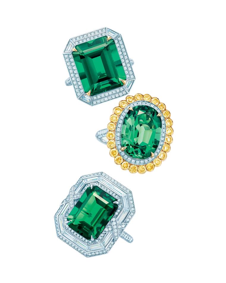 Top to bottom, Tiffany & Co. Blue Book Collection emerald ring with diamonds set in platinum and gold; emerald ring with white and yellow diamonds set in platinum and gold; and emerald ring with diamonds set in platinum